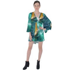 Silk Waves Abstract V-neck Flare Sleeve Mini Dress by Cemarart