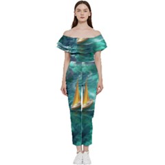 Silk Waves Abstract Bardot Ruffle Jumpsuit