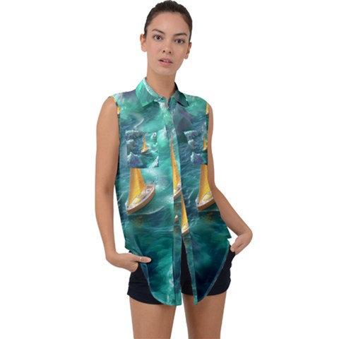 Countryside Landscape Nature Sleeveless Chiffon Button Shirt by Cemarart