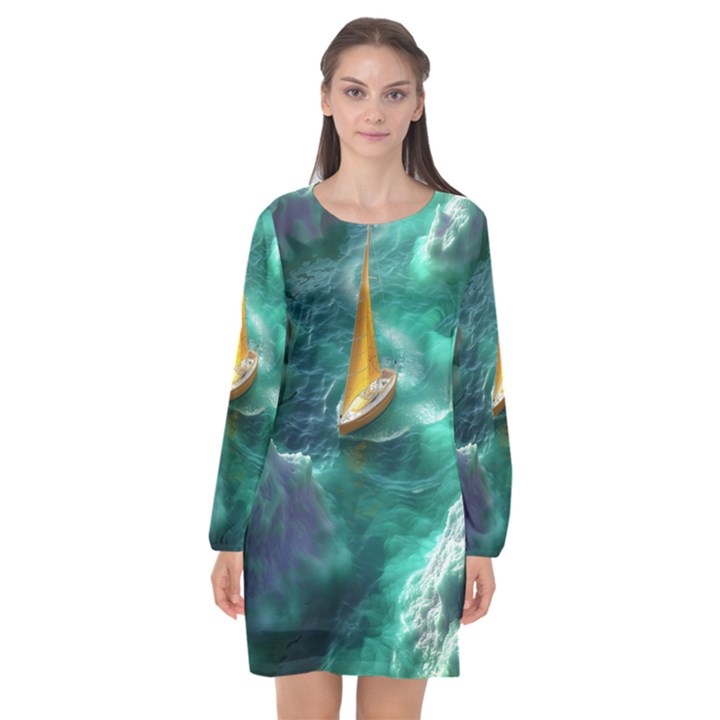 Seascape Boat Sailing Long Sleeve Chiffon Shift Dress 