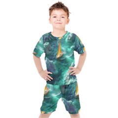 Seascape Boat Sailing Kids  T-shirt And Shorts Set by Cemarart