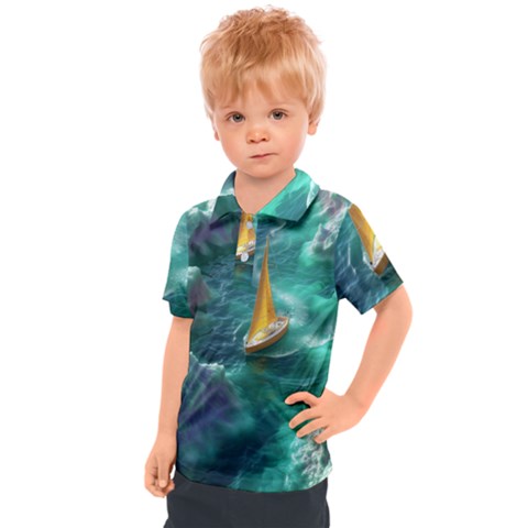 Seascape Boat Sailing Kids  Polo T-shirt by Cemarart