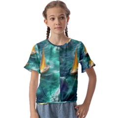 Seascape Boat Sailing Kids  Cuff Sleeve Scrunch Bottom T-shirt