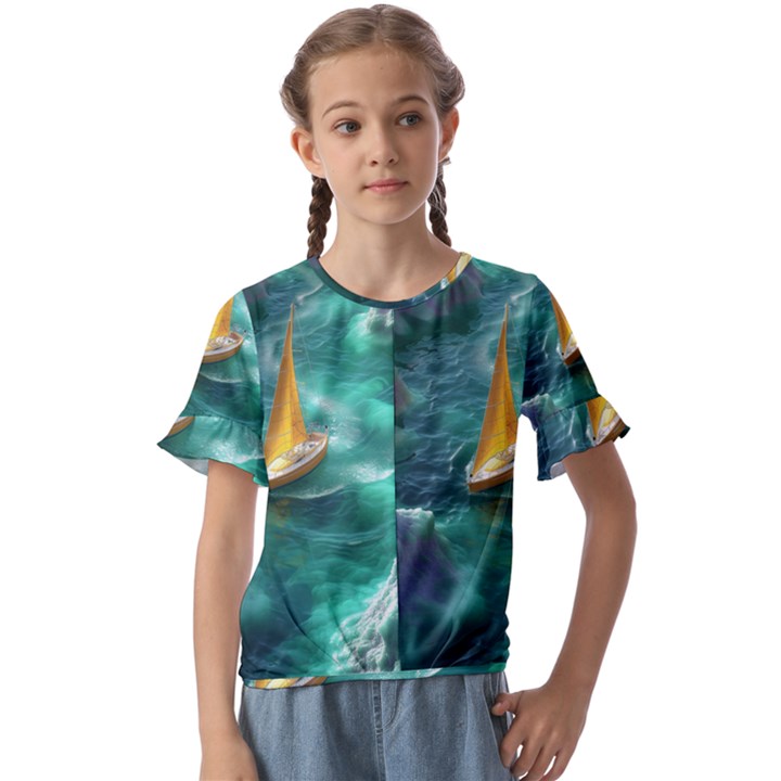 Seascape Boat Sailing Kids  Cuff Sleeve Scrunch Bottom T-Shirt