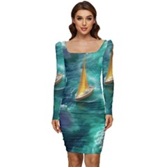 Seascape Boat Sailing Women Long Sleeve Ruched Stretch Jersey Dress by Cemarart