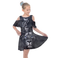 Lion King Of The Jungle Nature Kids  Shoulder Cutout Chiffon Dress by Cemarart