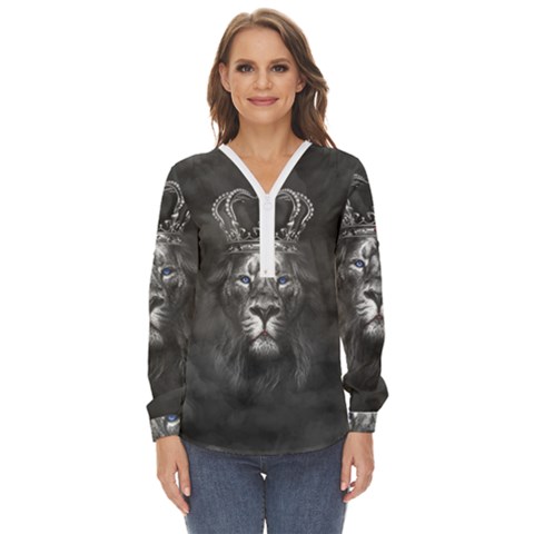 Lion King Of The Jungle Nature Zip Up Long Sleeve Blouse by Cemarart