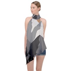 Mountain Wolf Tree Nature Moon Halter Asymmetric Satin Top by Cemarart