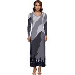 Mountain Wolf Tree Nature Moon Long Sleeve Longline Maxi Dress by Cemarart