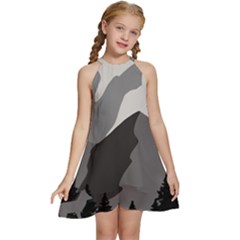 Mountain Wolf Tree Nature Moon Kids  Halter Collar Waist Tie Chiffon Dress by Cemarart