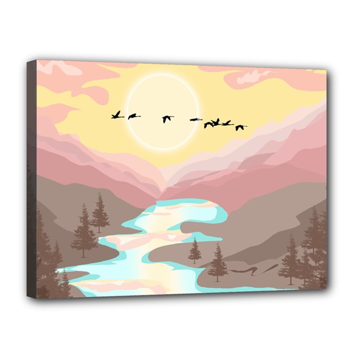 Mountain Birds River Sunset Nature Canvas 16  x 12  (Stretched)