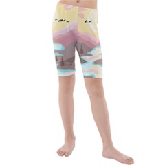 Mountain Birds River Sunset Nature Kids  Mid Length Swim Shorts by Cemarart