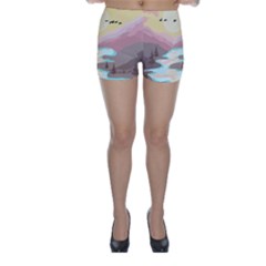 Mountain Birds River Sunset Nature Skinny Shorts by Cemarart