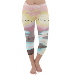 Mountain Birds River Sunset Nature Capri Winter Leggings 