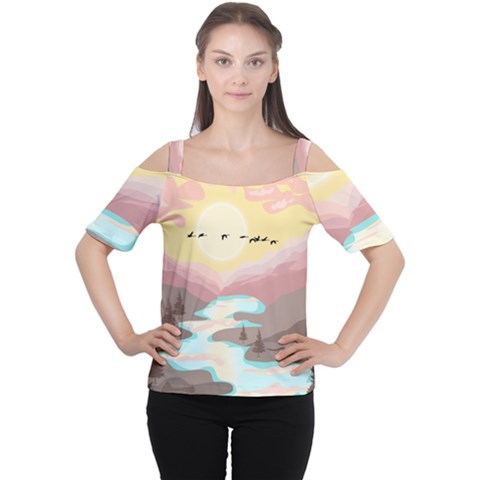 Mountain Birds River Sunset Nature Cutout Shoulder T-shirt by Cemarart