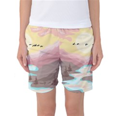 Mountain Birds River Sunset Nature Women s Basketball Shorts by Cemarart