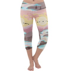 Mountain Birds River Sunset Nature Capri Yoga Leggings by Cemarart