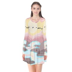 Mountain Birds River Sunset Nature Long Sleeve V-neck Flare Dress by Cemarart