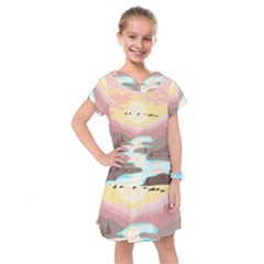 Mountain Birds River Sunset Nature Kids  Drop Waist Dress by Cemarart