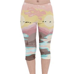 Mountain Birds River Sunset Nature Velvet Capri Leggings  by Cemarart