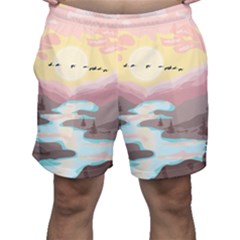 Mountain Birds River Sunset Nature Men s Shorts by Cemarart