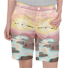 Mountain Birds River Sunset Nature Women s Pocket Shorts by Cemarart