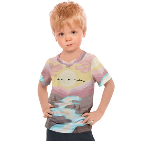 Mountain Birds River Sunset Nature Kids  Sports T-shirt by Cemarart