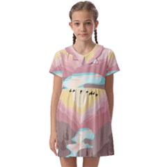 Mountain Birds River Sunset Nature Kids  Asymmetric Collar Dress by Cemarart