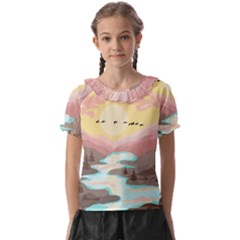 Mountain Birds River Sunset Nature Kids  Frill Chiffon Blouse by Cemarart