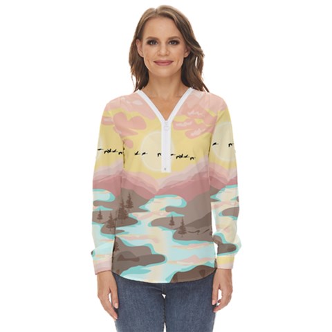 Mountain Birds River Sunset Nature Zip Up Long Sleeve Blouse by Cemarart