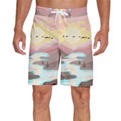 Mountain Birds River Sunset Nature Men s Beach Shorts by Cemarart