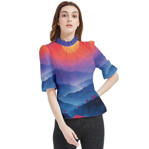 Valley Night Mountains Frill Neck Blouse by Cemarart