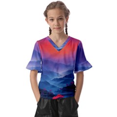 Valley Night Mountains Kids  V-neck Horn Sleeve Blouse by Cemarart