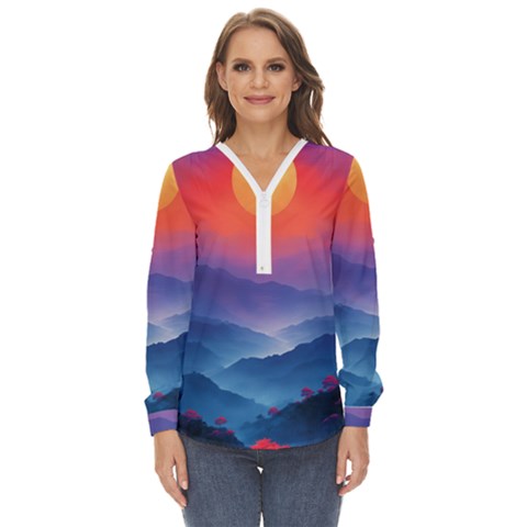 Valley Night Mountains Zip Up Long Sleeve Blouse by Cemarart