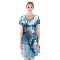 Dolphin Swimming Sea Ocean Short Sleeve V-neck Flare Dress by Cemarart