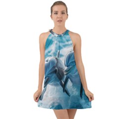 Dolphin Swimming Sea Ocean Halter Tie Back Chiffon Dress by Cemarart