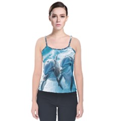 Dolphin Swimming Sea Ocean Velvet Spaghetti Strap Top by Cemarart