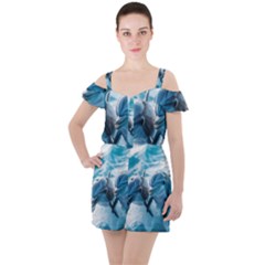 Dolphin Swimming Sea Ocean Ruffle Cut Out Chiffon Playsuit by Cemarart