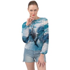 Dolphin Swimming Sea Ocean Banded Bottom Chiffon Top by Cemarart