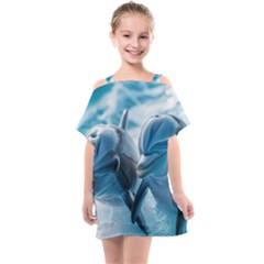 Dolphin Swimming Sea Ocean Kids  One Piece Chiffon Dress by Cemarart