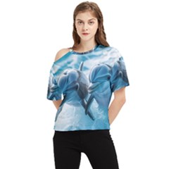 Dolphin Swimming Sea Ocean One Shoulder Cut Out T-shirt by Cemarart