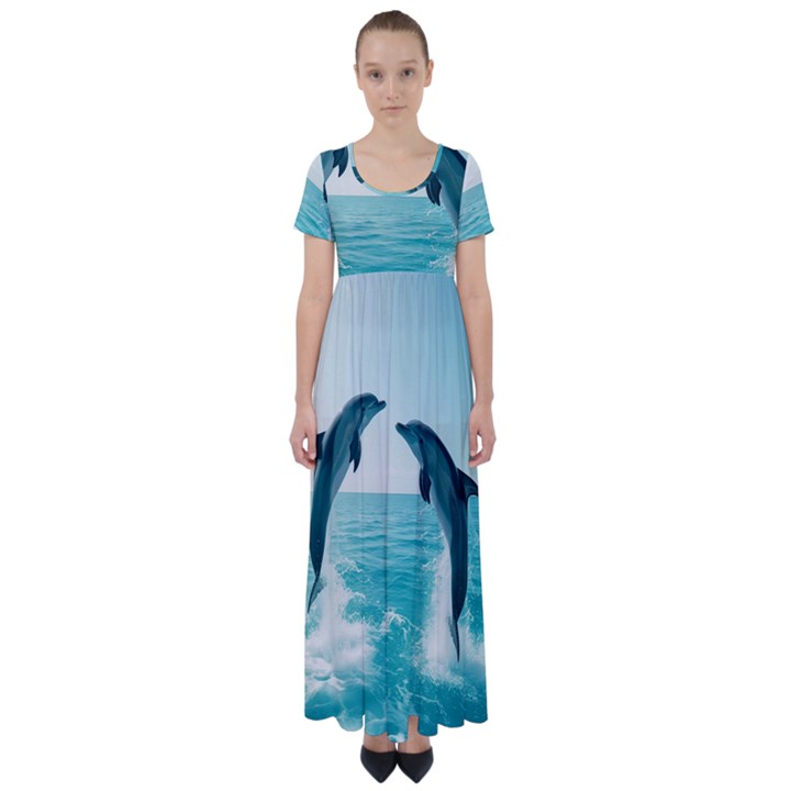 Dolphin Sea Ocean High Waist Short Sleeve Maxi Dress