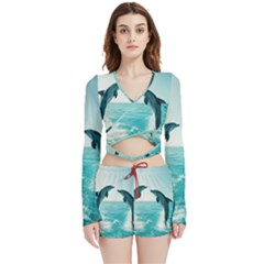 Dolphin Sea Ocean Velvet Wrap Crop Top And Shorts Set by Cemarart