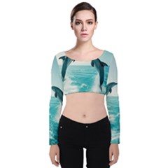 Dolphin Sea Ocean Velvet Long Sleeve Crop Top by Cemarart