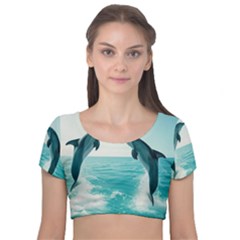 Dolphin Sea Ocean Velvet Short Sleeve Crop Top  by Cemarart