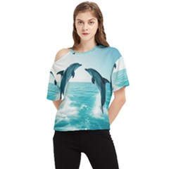 Dolphin Sea Ocean One Shoulder Cut Out T-shirt by Cemarart