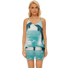 Dolphin Sea Ocean V-neck Satin Pajamas Set by Cemarart