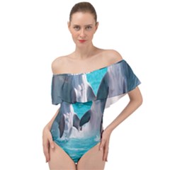 Dolphins Sea Ocean Off Shoulder Velour Bodysuit  by Cemarart