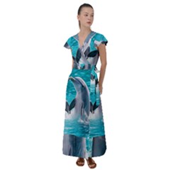 Dolphins Sea Ocean Flutter Sleeve Maxi Dress by Cemarart