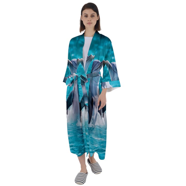 Dolphins Sea Ocean Maxi Satin Kimono